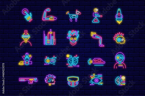 Cyberpunk neon icons set. Exoskeleton and high tech technology. Night bright signboard. Isolated vector illustration