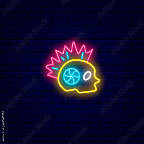 Cyberpunk skull with iroquois outline icon. Futuristic robot with mohawk. Isolated vector stock illustration