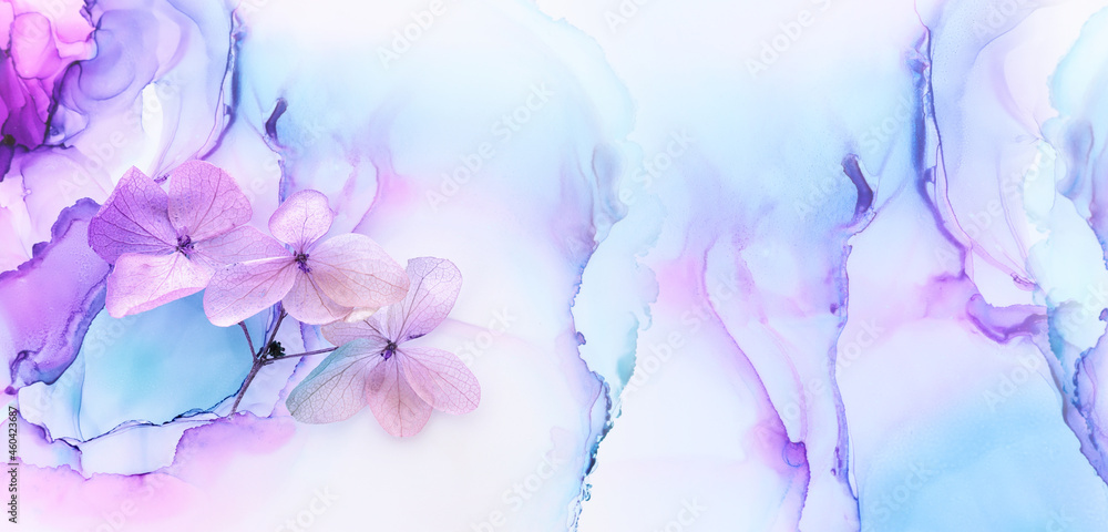 Creative image of pastel blue and purple Hydrangea flowers on artistic ink background. Top view with copy space - obrazy, fototapety, plakaty 