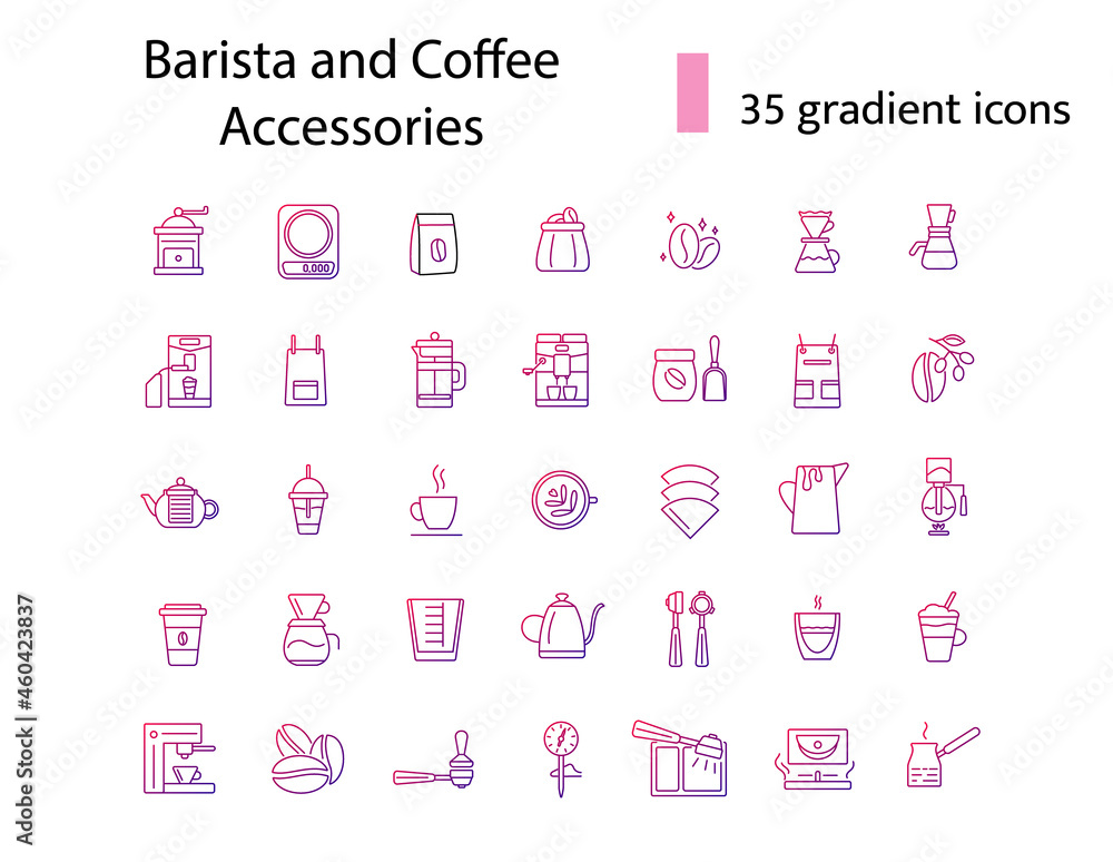 Coffee making tools line icons set. Coffee beans in bag. Isolated vector stock illustration Coffee making tools line icons set. Coffee beans in bag. Isolated vector stock illustration