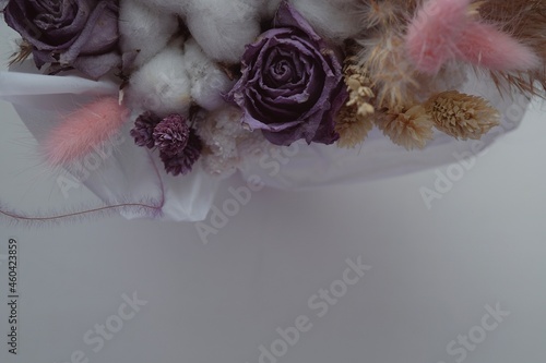 purple dried roses on a white background