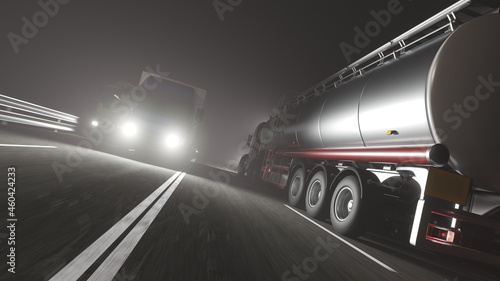 Low Angle View of a Tanker Truck Moving on the Road in Opposite Directions with Other Trucks at Night 3D Rendering