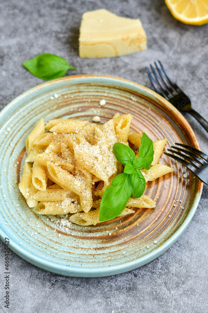 Home made fresh italian penne pasta cacio e pepe. Pasta with Parmesan cheese and black peper Home made fresh italian penne pasta cacio e pepe. Pasta with Parmesan cheese and black peper