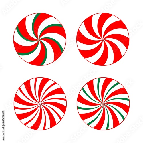 Vector set with red, green, white peppermint Christmas candies isolated on white background. Xmas traditional round sweets collection, graphic elements for Christmas greetings cards, home decoration.