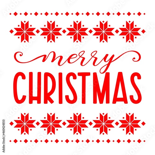 Vector illustration of Merry Christmas card with traditional ugly sweater pattern isolated on white background. Winter poster, quote for print, Xmas greeting card, door sign, home decoration, pillows.