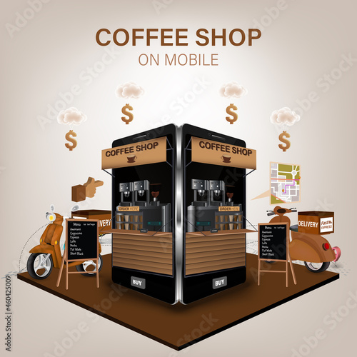 Coffee shop delivery on mobile. E-commerce online concept. Online coffee, food and drink order infographic. Webpage, app design. vector illustration.