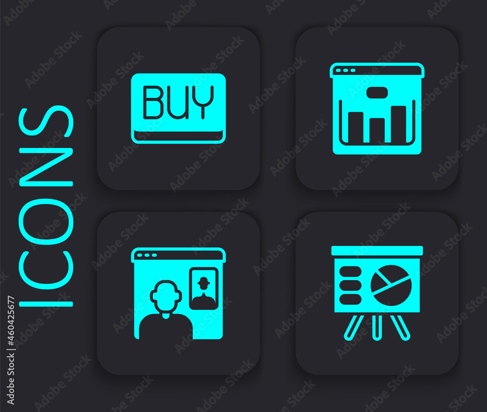 Set Board with graph, Buy button, Browser stocks market and Video chat conference icon. Black square button. Vector Set Board with graph, Buy button, Browser stocks market and Video chat conference icon. Black square button. Vector