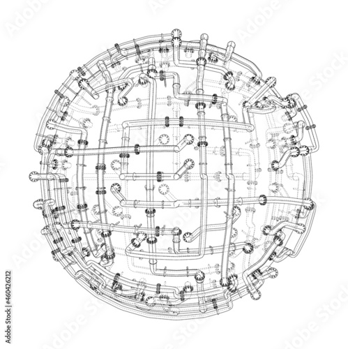Pipes with flanges around a large sphere. Vector