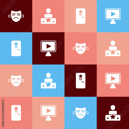 Set pop art Drama theatrical mask, Actor star, Backstage and Online play video icon. Vector