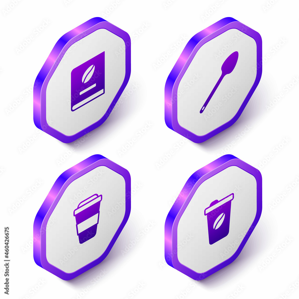 Set Isometric Coffee book, Teaspoon, cup to go and icon. Purple hexagon button. Vector Set Isometric Coffee book, Teaspoon, cup to go and icon. Purple hexagon button. Vector