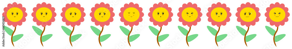 Cute emoji set of colorful floral faces. These flowers presents the facial expressions such as happy, sad, angry, odd, simile, cry, sleepy, surprise, kind expressions.