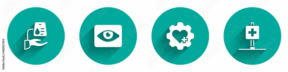 Set Blood donation, Red eye effect, Heart with cross and Location hospital icon with long shadow. Vector Set Blood donation, Red eye effect, Heart with cross and Location hospital icon with long shadow. Vector