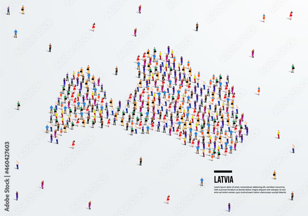 Obraz premium Latvia Map. A large group of people form to create a shape of the Latvia Map. vector illustration.