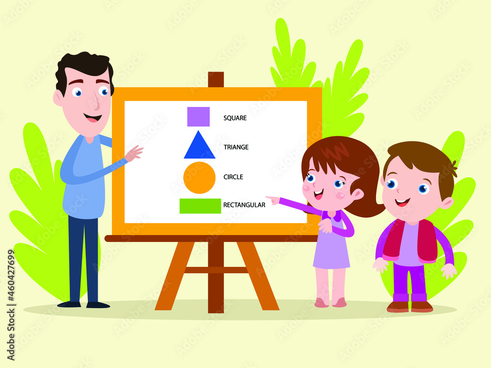 Learning shapes vector concept: Schoolboy and schoolgirl learning shapes while male teacher teaching on the whiteboard Learning shapes vector concept: Schoolboy and schoolgirl learning shapes while male teacher teaching on the whiteboard