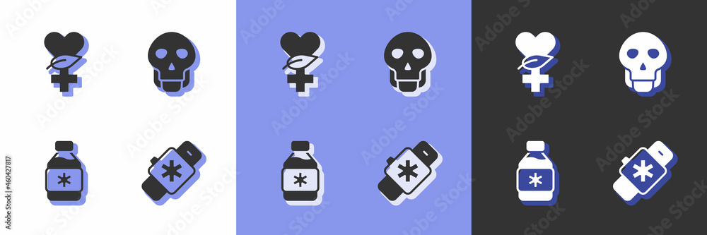 Set Smart watch with heart, Ethnoscience, Bottle of medicine syrup and Skull icon. Vector Set Smart watch with heart, Ethnoscience, Bottle of medicine syrup and Skull icon. Vector
