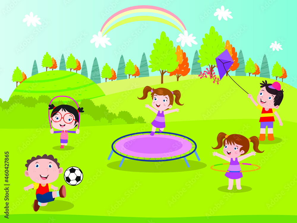 Rainbow view vector concept: Group of children playing together in the playground with rainbow on the sky Rainbow view vector concept: Group of children playing together in the playground with rainbow on the sky