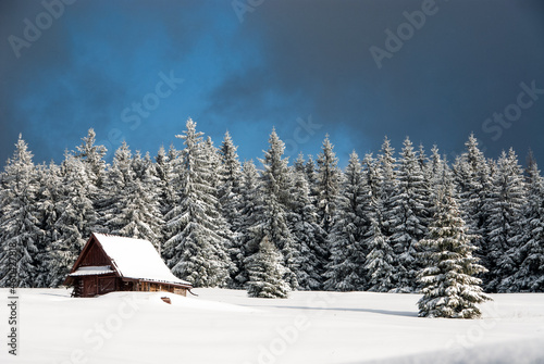 Wooden house in winter scenery, Beskids, Poland