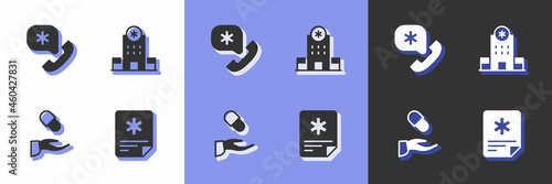 Set Patient record, Emergency call 911, Medical prescription and Hospital building icon. Vector