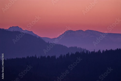 Mountain peaks at sunset, Beskids, Poland