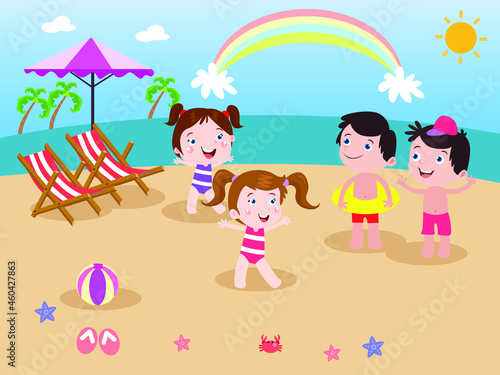 Rainbow view vector concept: Group of children enjoying holiday together in the beach with rainbow on the sky © Creativa Images