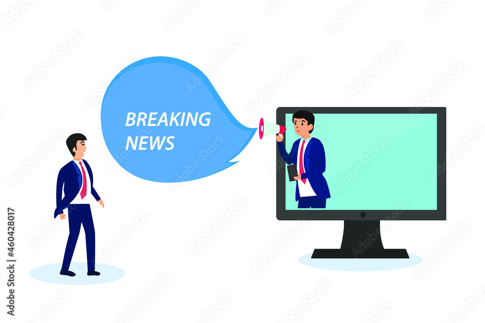 Male reporter announcing online breaking news on the computer monitor. Breaking news vector concept Male reporter announcing online breaking news on the computer monitor. Breaking news vector concept