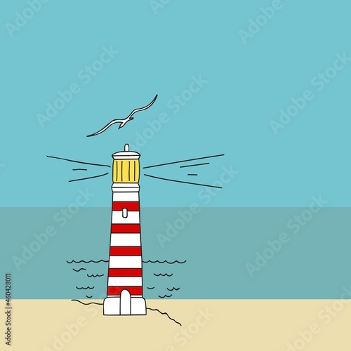 Lighthouse with white and red stripes on coast. Blue sky sea flying seagull. Seaside landscape illustration in vintage style.