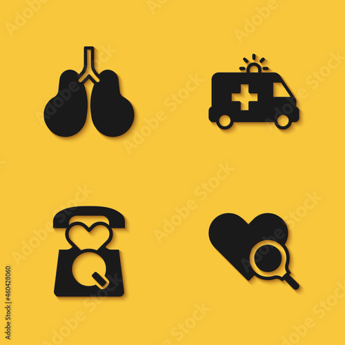 Set Lungs, Medical heart inspection, Emergency call 911 and Ambulance car icon with long shadow. Vector