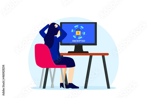 Businesswoman with encrypted data privacy online security protection on computer monitor