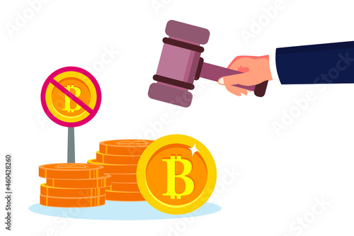 Hand crushing Bitcoin with a gavel. Cryptocurrency law regulation vector concept