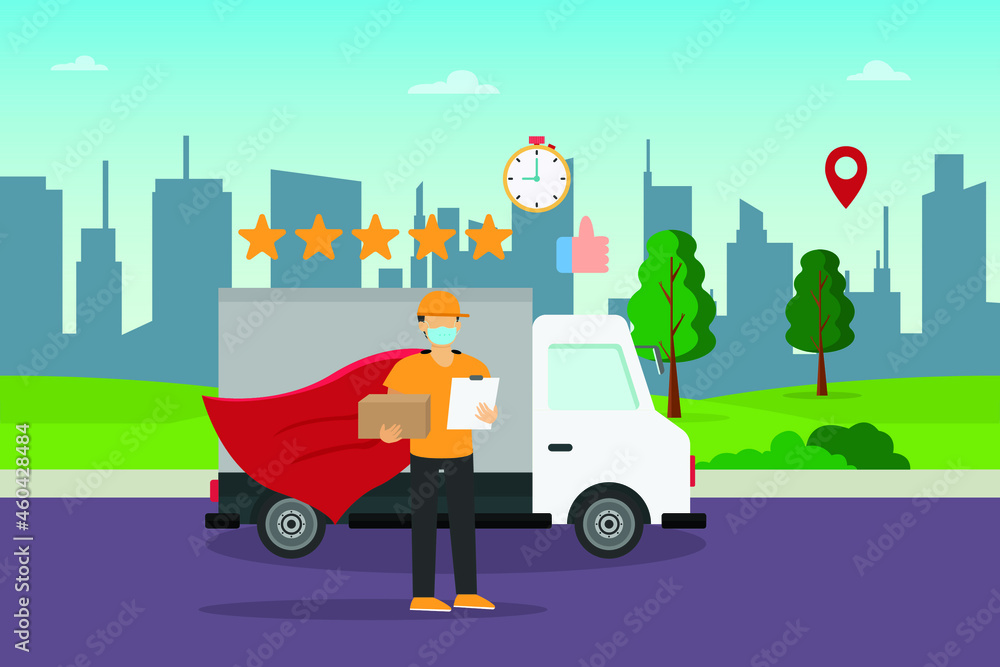 Courier vector concept: Courier man gets five stars from his customer while delivering the package