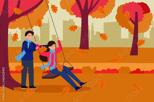 Couple in autumn season vector concept: Young man pushing his girlfriend on the swing while enjoying quality time in autumn season