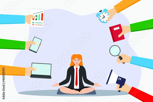 Multitasking vector concept: Businesswoman practicing yoga in her workplace while sitting with many tasks