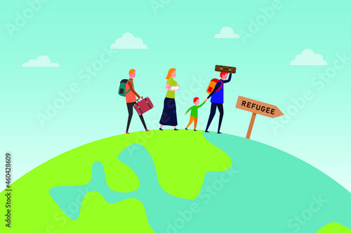 Refugees vector concept: Group of refugees walking together on the globe while carrying bags and suitcase