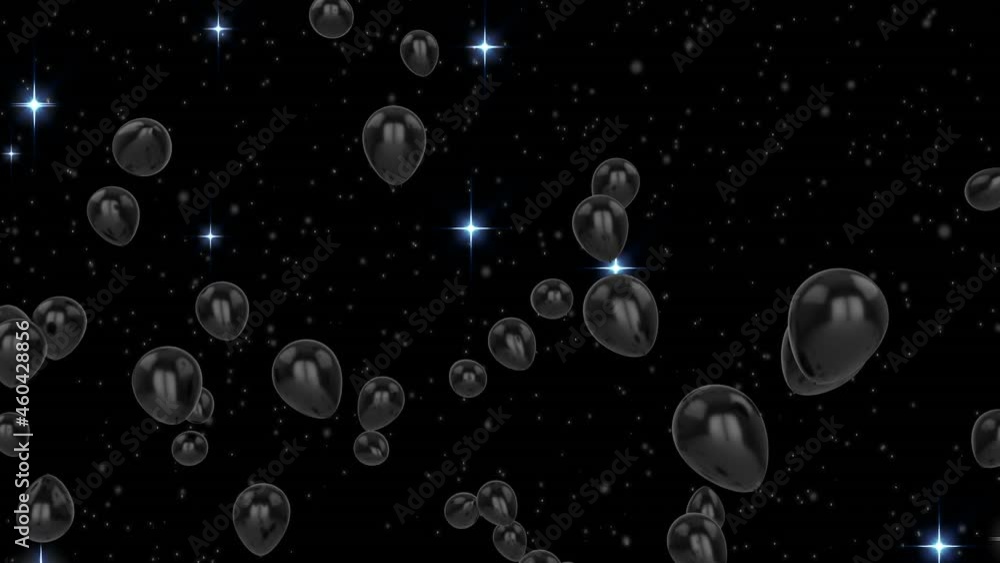Animation of grey balloons flying over stars on black background Animation of grey balloons flying over stars on black background