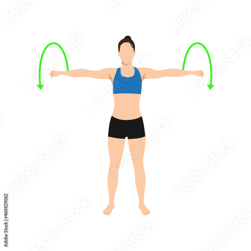 Woman doing Arm circles exercise. Flat vector illustration isolated on white background