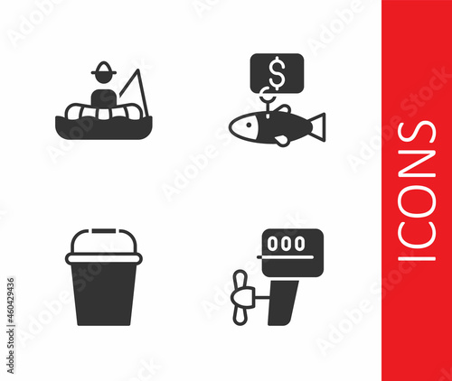 Set Outboard boat motor, Fisherman in, Fishing bucket and Price tag for fish icon. Vector