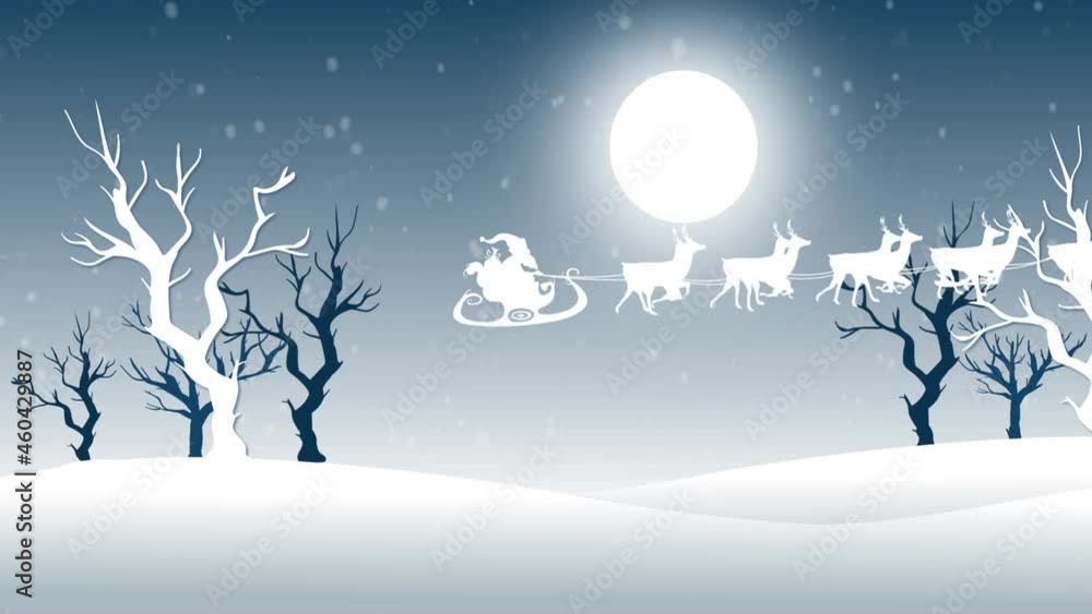 Animation of santa claus in sleigh with reindeer over snow falling and winter landscape Animation of santa claus in sleigh with reindeer over snow falling and winter landscape