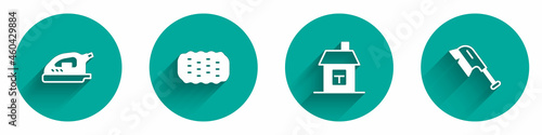 Set Electric iron, Sponge, House and Brush for cleaning icon with long shadow. Vector