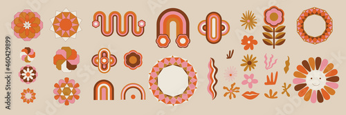 Retro 60s - 70s style with a rainbow hippie sun in a simple linear style. Naive boho style by hand, festival of colors and music, signs of peace and free love