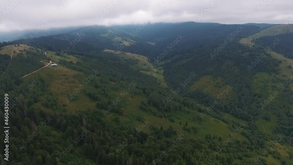 Aerial shot of a defile in Carpathian mountain covered with fir trees in summer Aerial shot of a defile in Carpathian mountain covered with fir trees in summer