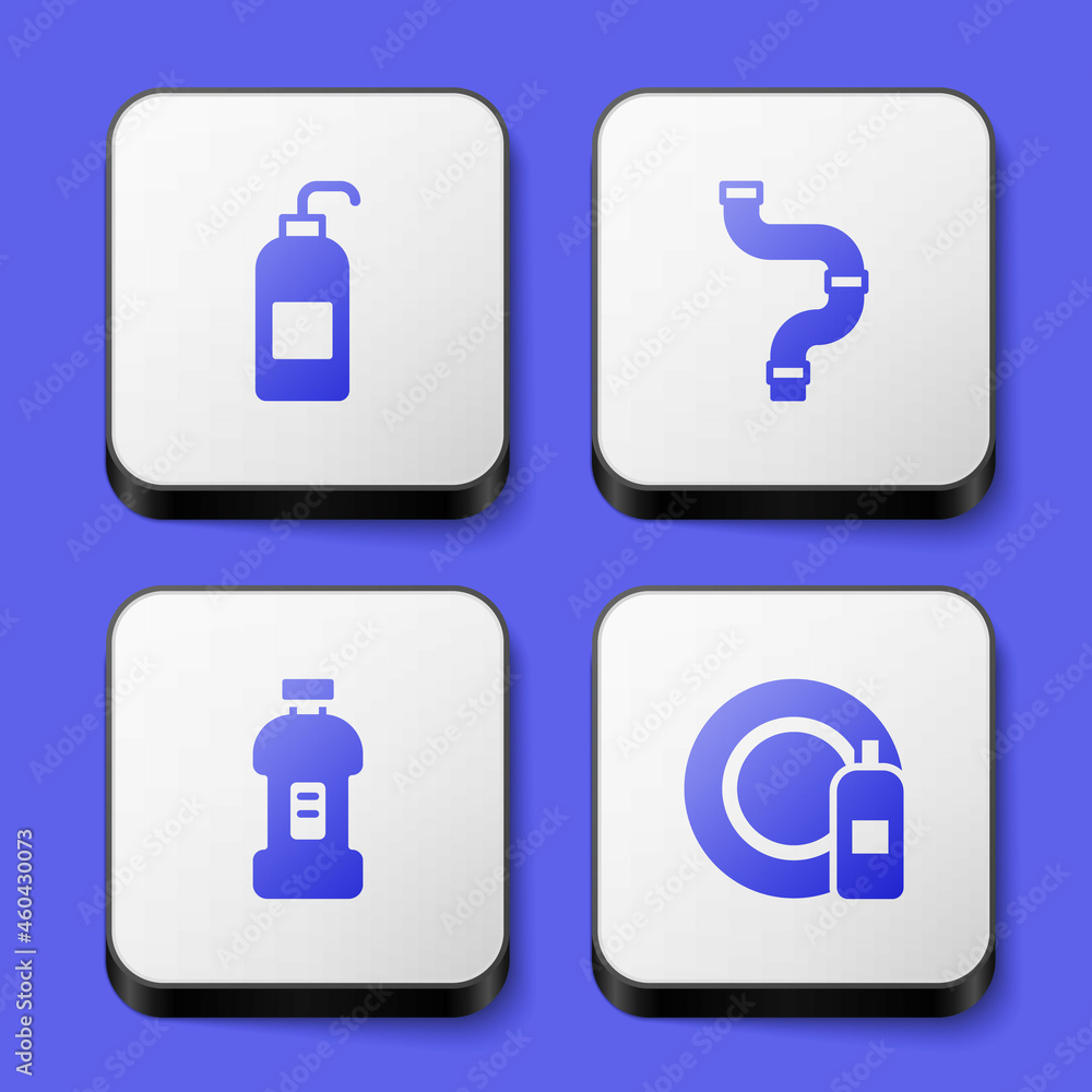 Set Antibacterial soap, Industry metallic pipe, Bottle for detergent and Dishwashing bottle and plate icon. White square button. Vector Set Antibacterial soap, Industry metallic pipe, Bottle for detergent and Dishwashing bottle and plate icon. White square button. Vector