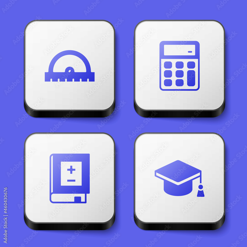 Set Protractor grid, Calculator, Book with mathematics and Graduation cap icon. White square button. Vector Set Protractor grid, Calculator, Book with mathematics and Graduation cap icon. White square button. Vector