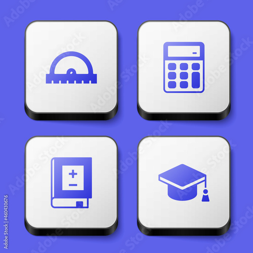 Set Protractor grid, Calculator, Book with mathematics and Graduation cap icon. White square button. Vector
