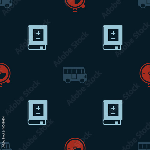 Set Stopwatch, School Bus and Book with mathematics on seamless pattern. Vector