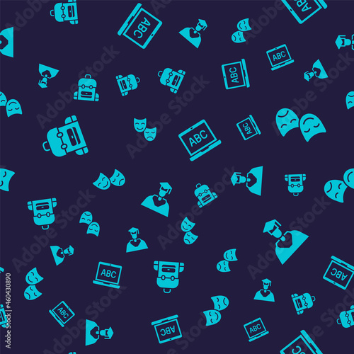 Set School backpack, Comedy and tragedy masks, Laptop and Graduate graduation cap on seamless pattern. Vector