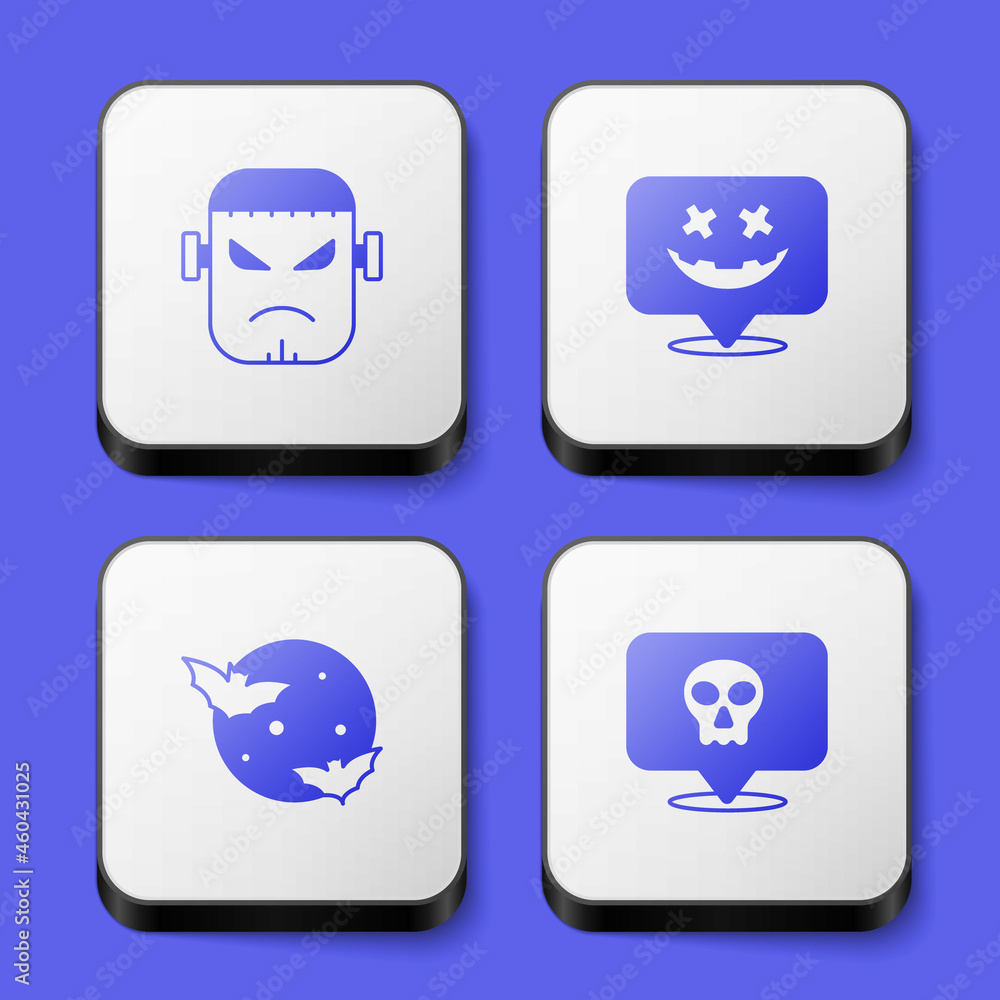 Set Frankenstein face, Happy Halloween holiday, Moon and stars and Skull icon. White square button. Vector Set Frankenstein face, Happy Halloween holiday, Moon and stars and Skull icon. White square button. Vector