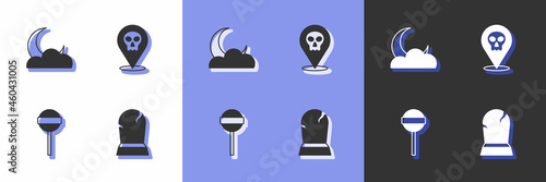 Set Tombstone with RIP written, Moon and stars, Lollipop and Skull icon. Vector