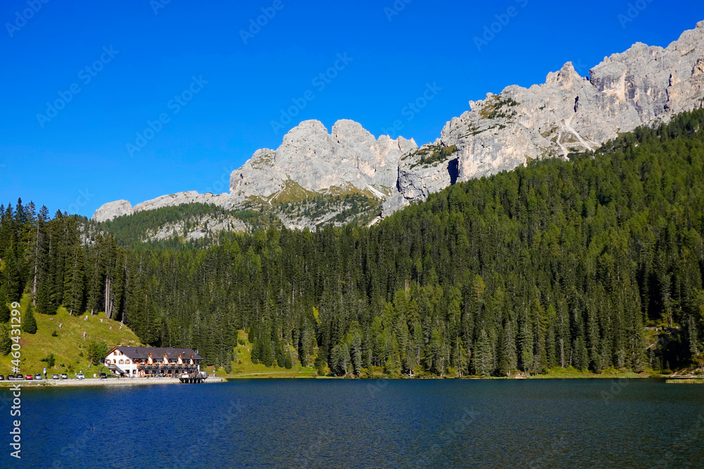 Summer landscape of Misurina lake in Veneto, Italy, Europe