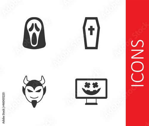 Fototapeta Naklejka Na Ścianę i Meble -  Set Happy Halloween holiday, Funny and scary ghost mask, Devil head and Coffin with christian cross icon. Vector
