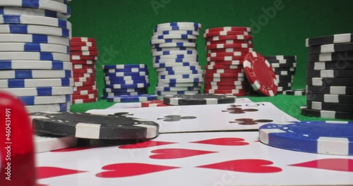 Texas holdem for four. Poker table with chips and cards. photo